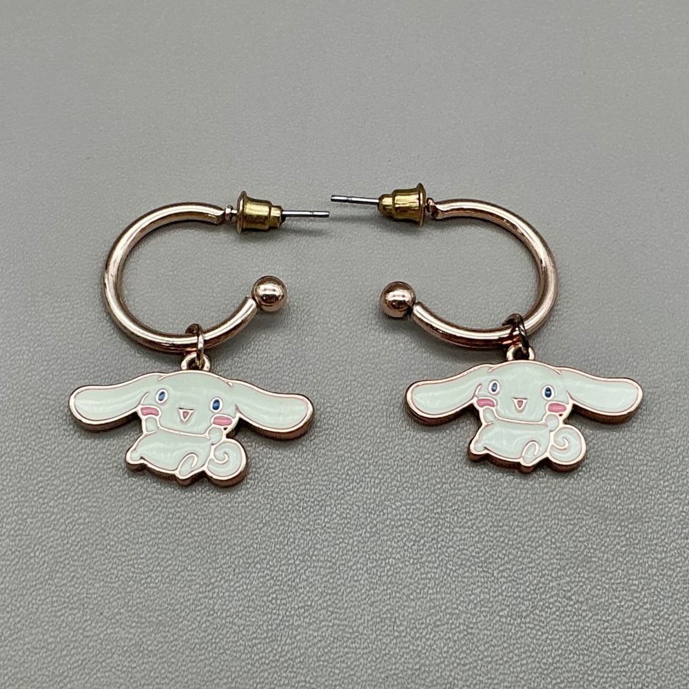 Sanrio Cinnamoroll Hoop Earrings Women White Rose Gold Tone Enamel Dangle Charms